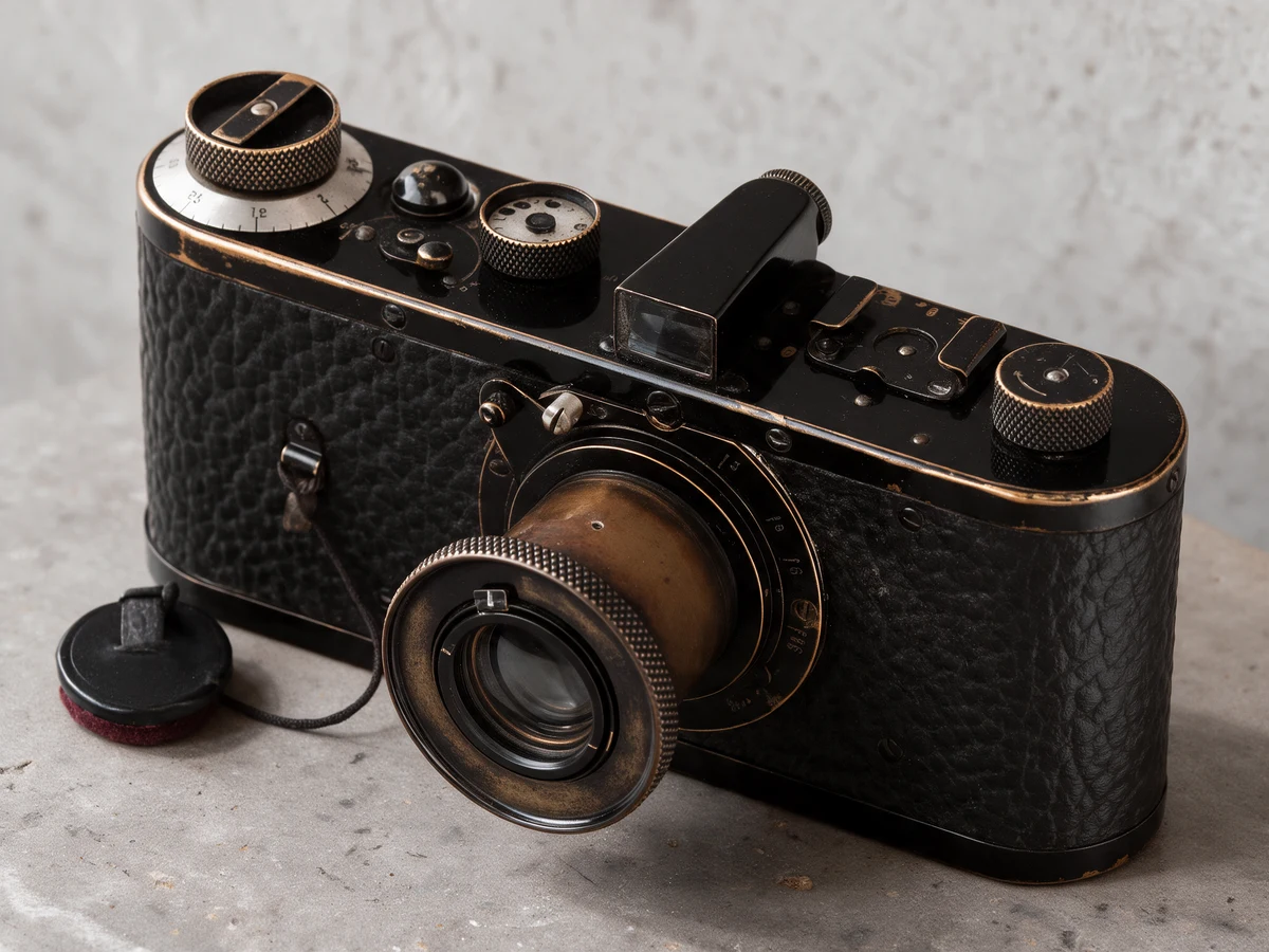 A vintage black rangefinder camera with a brass lens.