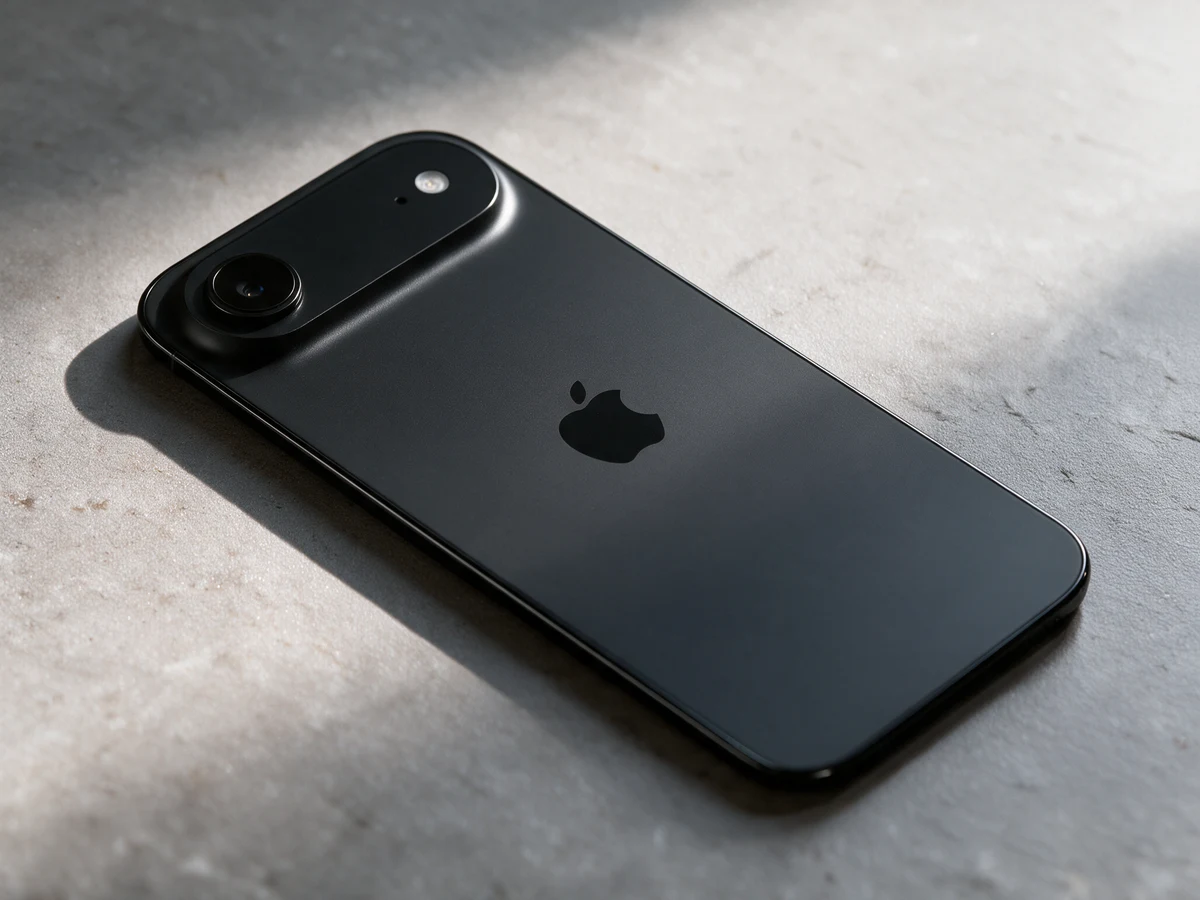 A black smartphone on a pale stone surface in daylight.