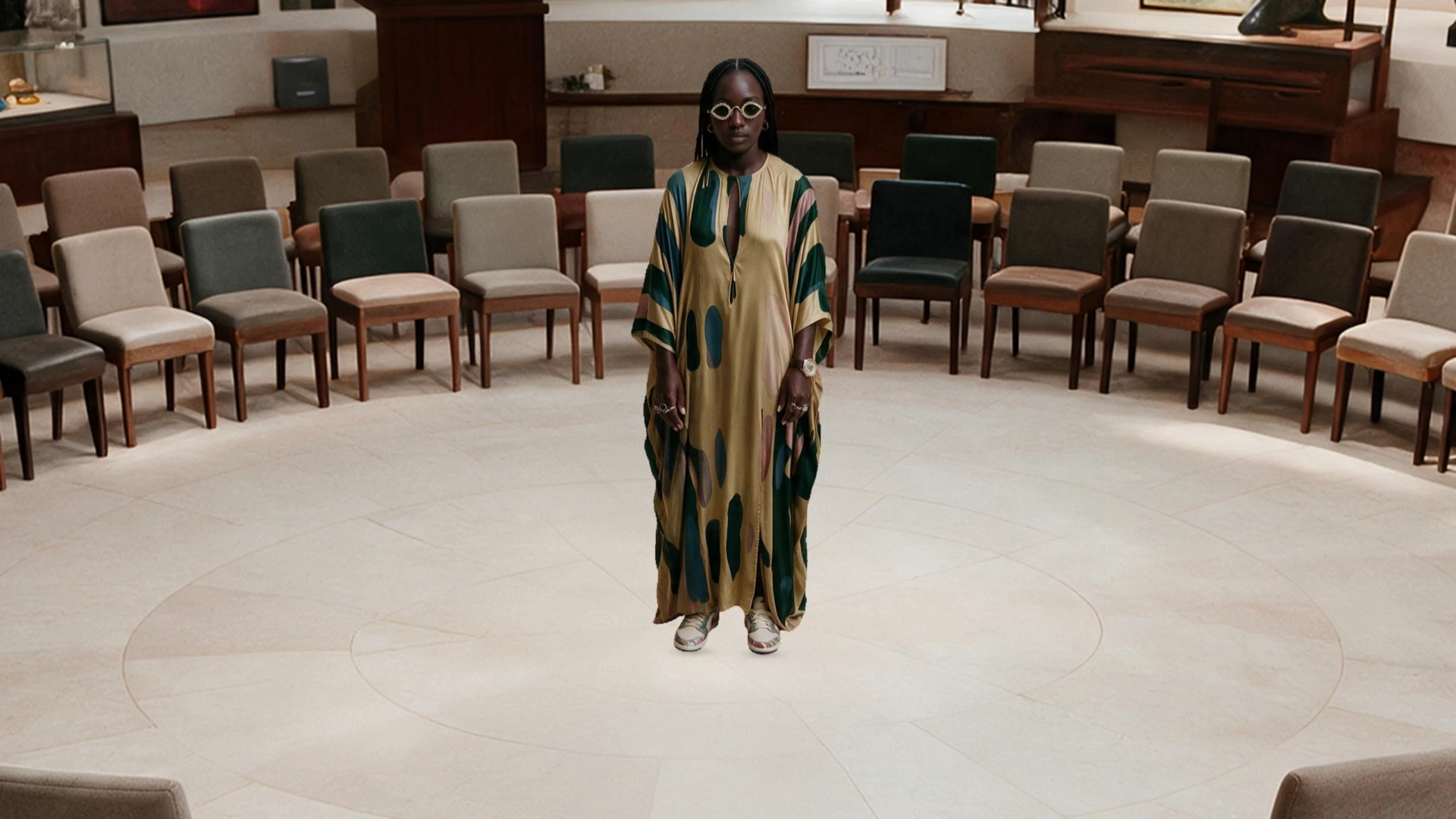 A woman wearing a patterned gold kaftan and sneakers in an auction room.